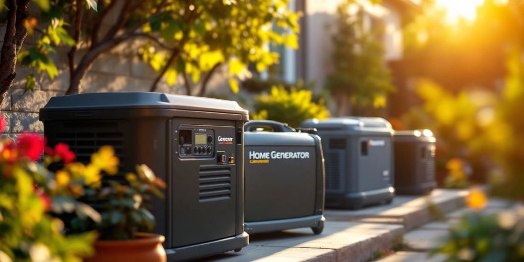 Verschiedene Hausgeneratoren, die in einem sonnigen Hinterhof ausgestellt sind.