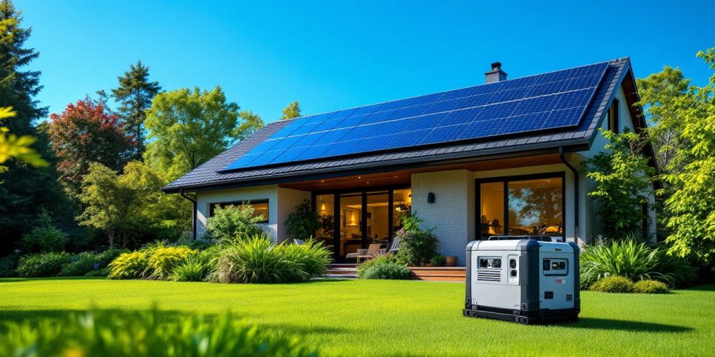 Casa con paneles solares y generador de respaldo en el jardín.
